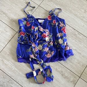 Lovers and Friends blue floral wrap tank top. (Purchased from Revolve)